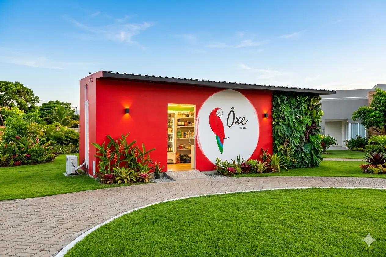Fachada da ÔXE Em Casa, mercadinho autônomo instalado em condomínio em Aracaju-SE