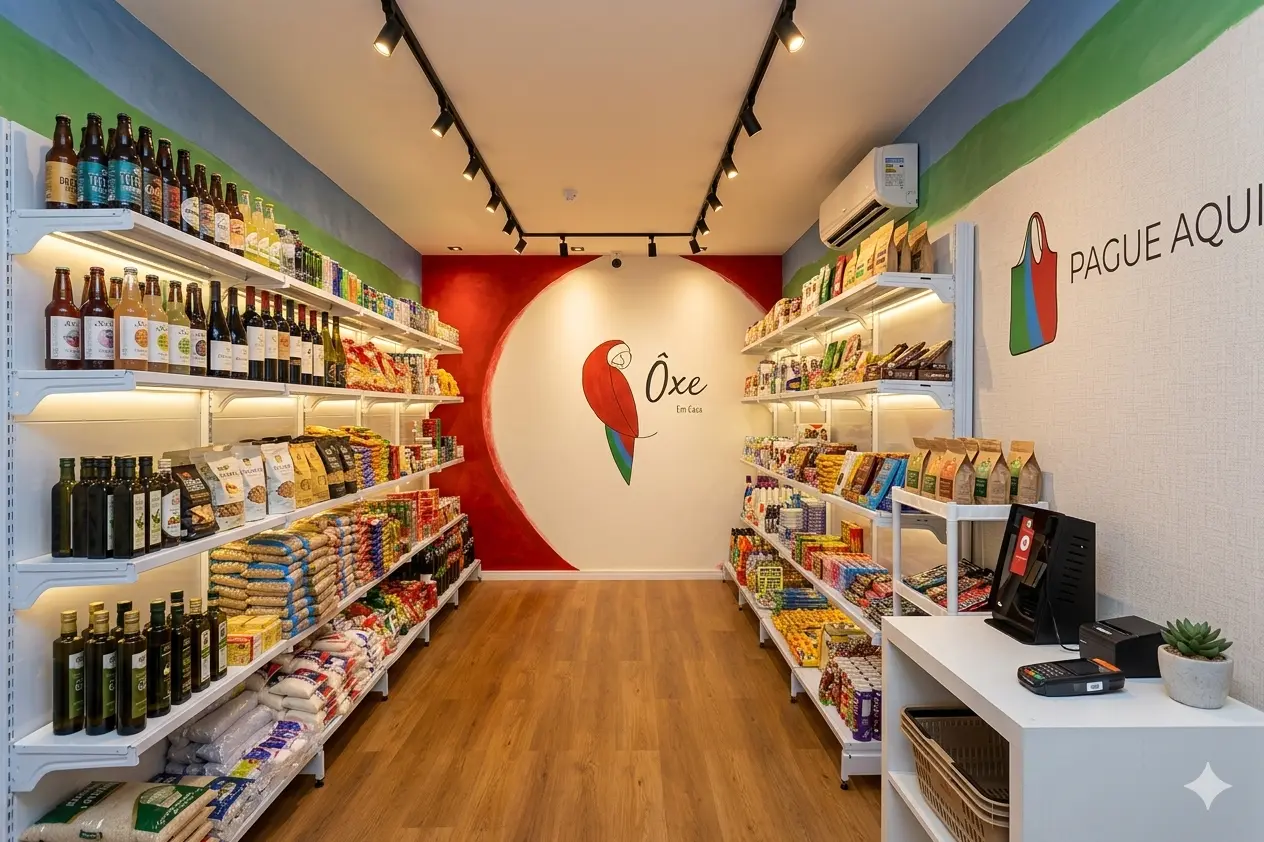 Interior da ÔXE Em Casa com produtos organizados e totem de autopagamento