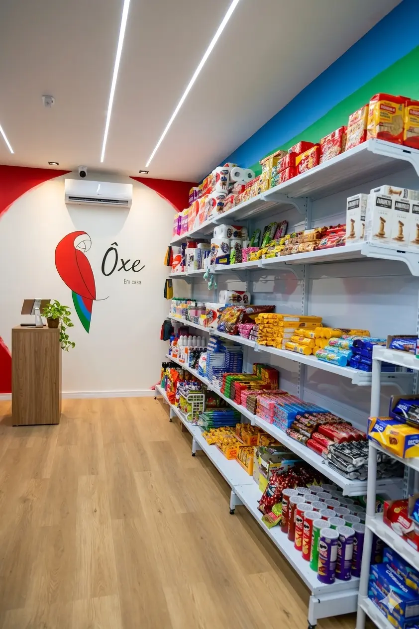 Interior da ÔXE Em Casa com produtos organizados e totem de autopagamento